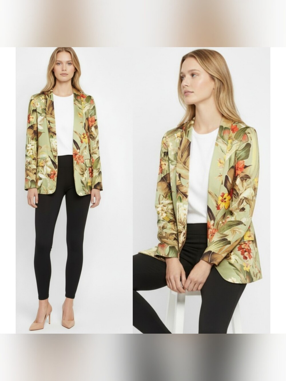 Zara medium open front blazer floral multi satin relaxed fit fair isle tropical
